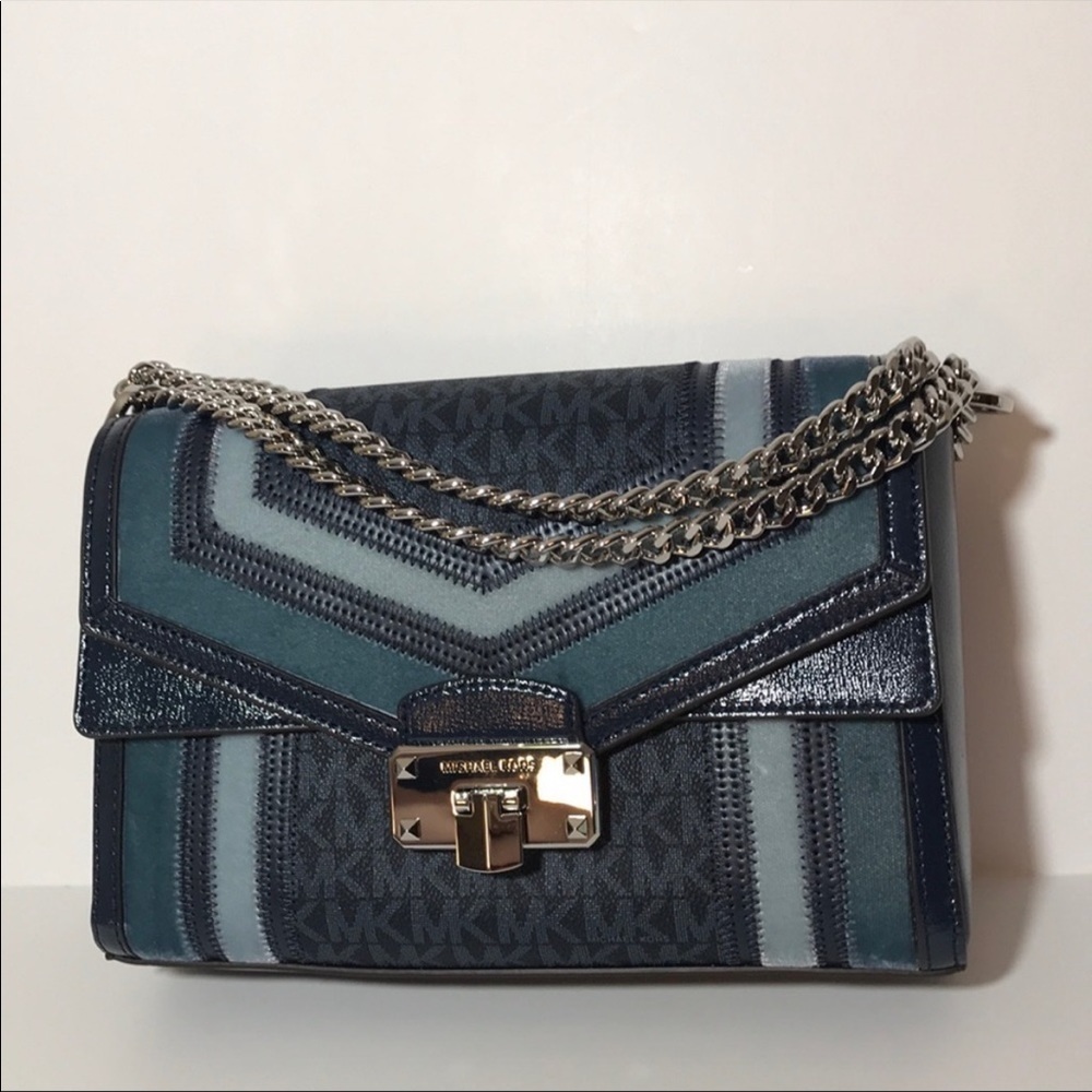 Michael Kors Kinsley Medium shoulder flap bag dark chambray multi color chain - Picture 3 of 8